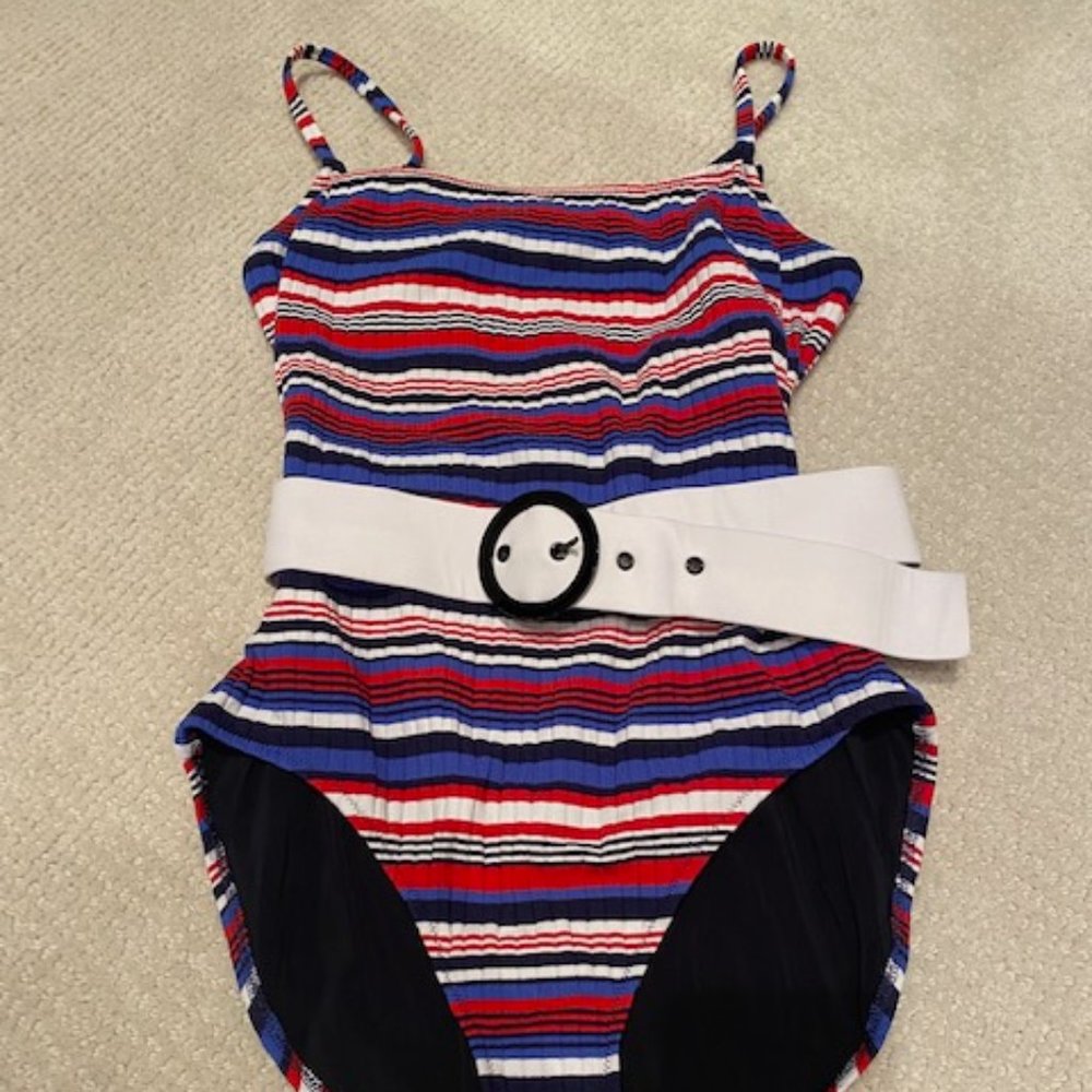SOLID & STRIPED Red, White & Blue Striped One-Piece Swimsuit with White Belt